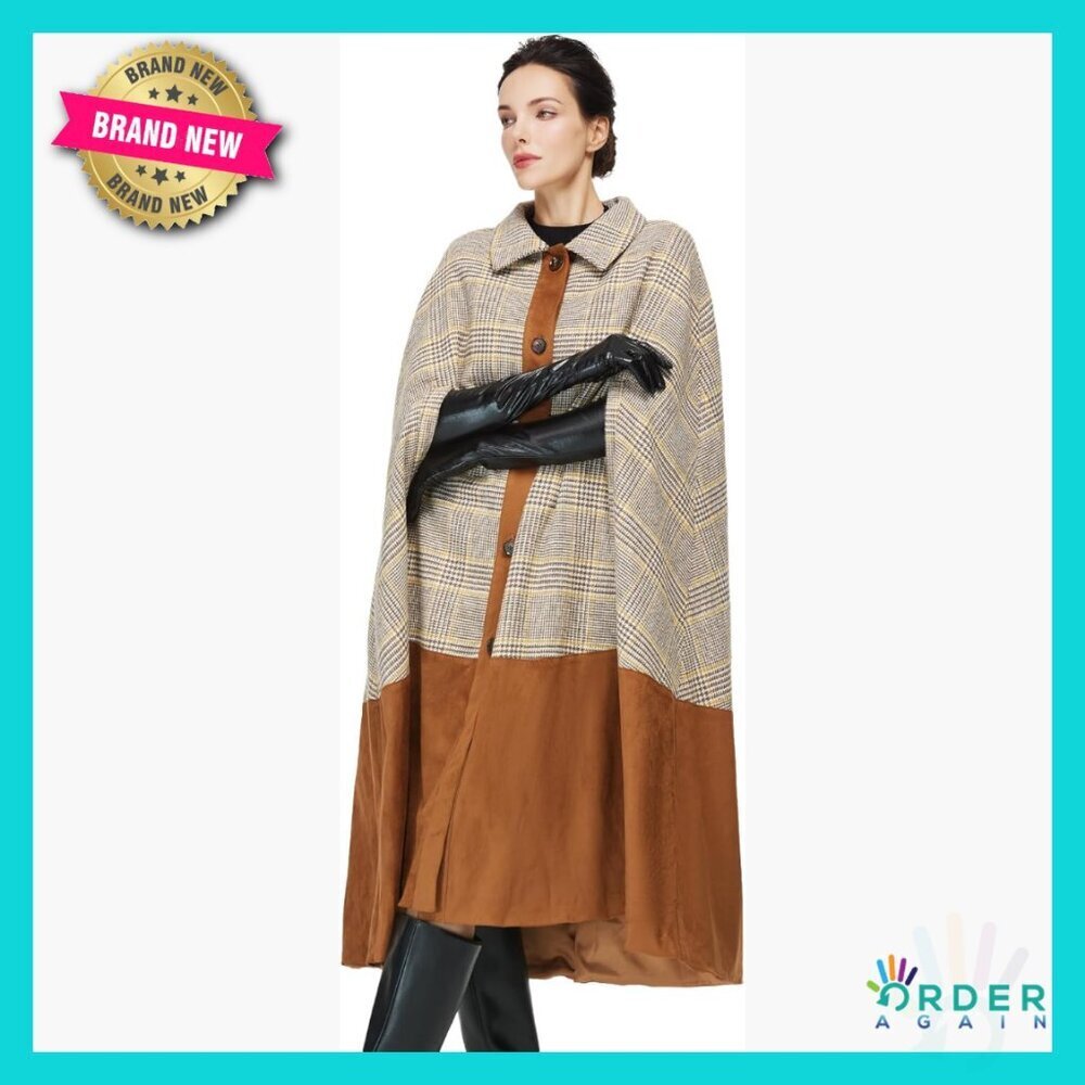 Vintage Wool Blend Cape Coat Plaid Leather Patchwork British Style Midi